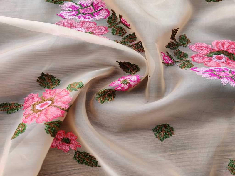 Cream Pink Floral Embroidered Organza Fabric