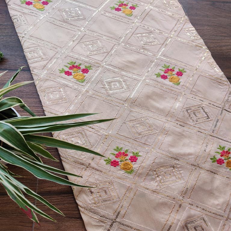 Cream Taffeta Silk With Geometric Sequins And Thread Embroidery All Over