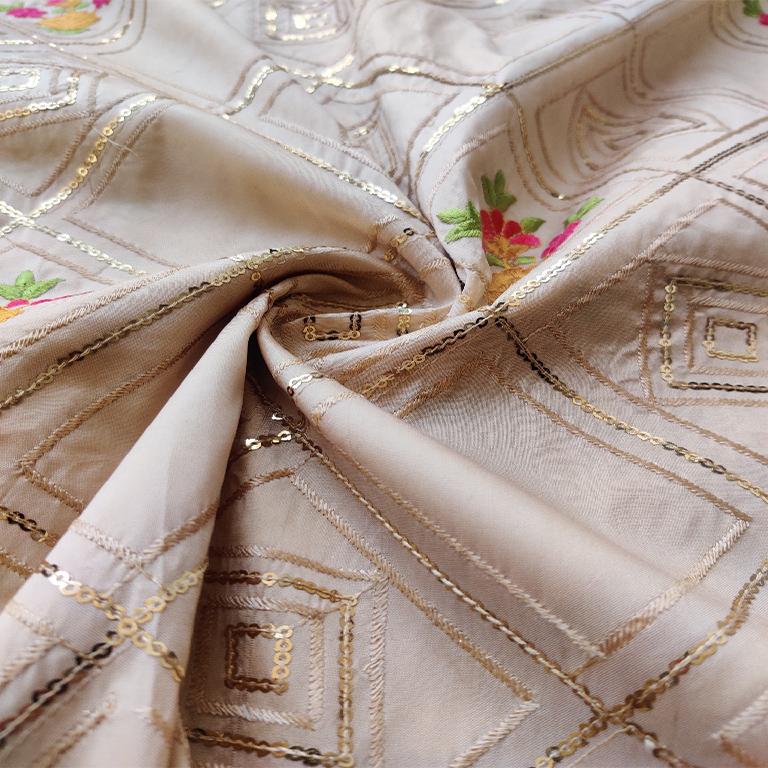Cream Taffeta Silk With Geometric Sequins And Thread Embroidery All Over