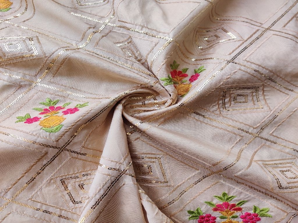 Cream Geometric Embroidered Taffeta Silk Fabric