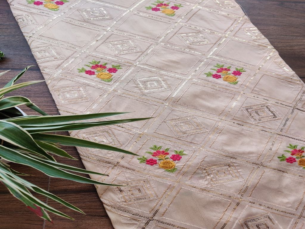Cream Geometric Embroidered Taffeta Silk Fabric
