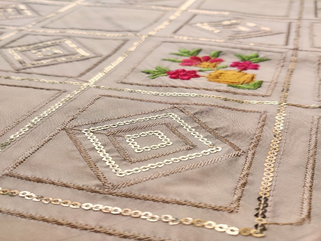 Cream Geometric Embroidered Taffeta Silk Fabric