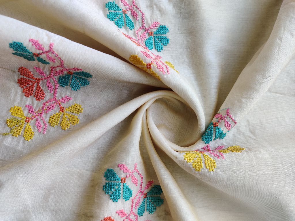 Cream Multicolour Flowers Cross Stitch Embroidered Chanderi Fabric