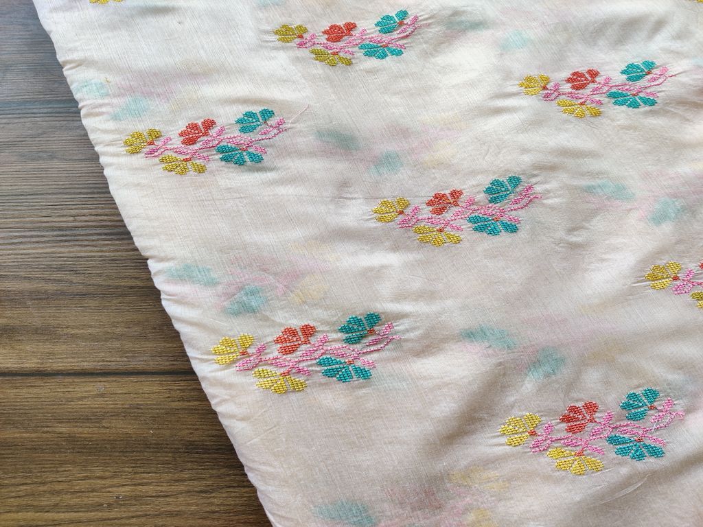 Cream Multicolour Flowers Cross Stitch Embroidered Chanderi Fabric