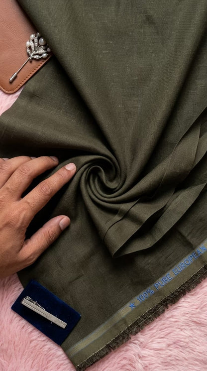 Premium Olive Green Pure Linen 60 Lea Fabric – Solid Melange  (0% Cotton)