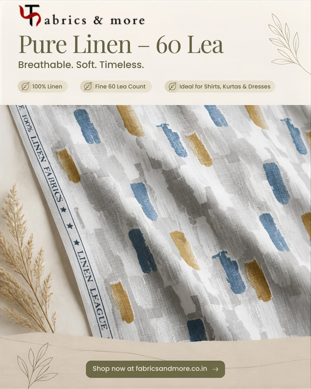 Blue & Mustard Abstract Brush Stroke Printed 100% Pure Linen Fabric 60 lea(0% Cotton)