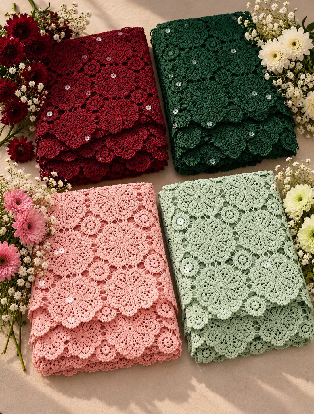 Dyeable Crochet Fabric With Transperent Sequences