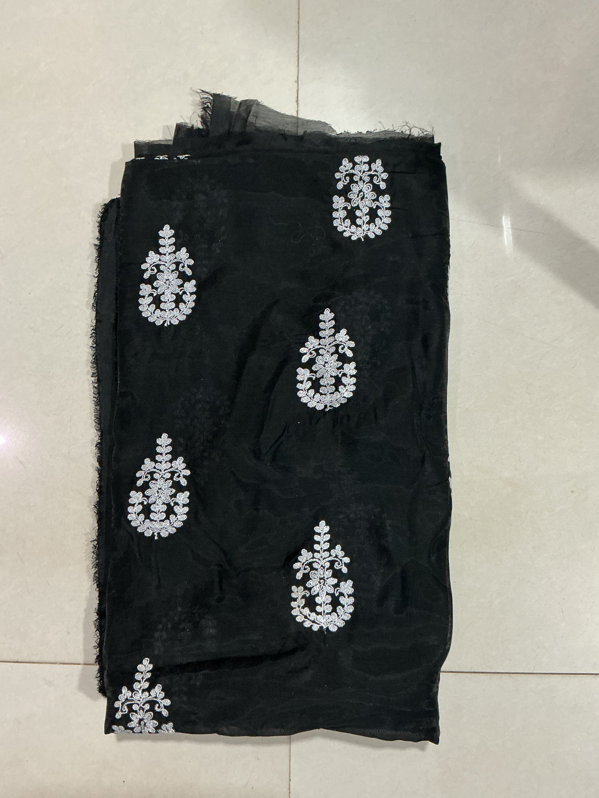 Black with White Dori Embroidered Motifs Mul Chanderi Fabric