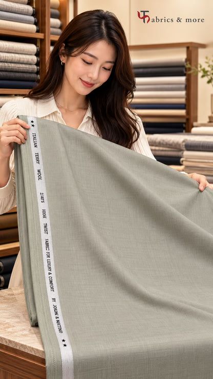 Imported Korean Terry Wool by Johan & Martin – Wrinkle-Free Premium SAGE GREY Suiting Fabric