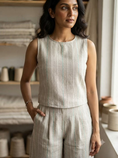 Premium Beige-Grey 100% Pure Linen 60 Lea Stripe Fabric – White &  Turquoise Pinstripes (0% Cotton)
