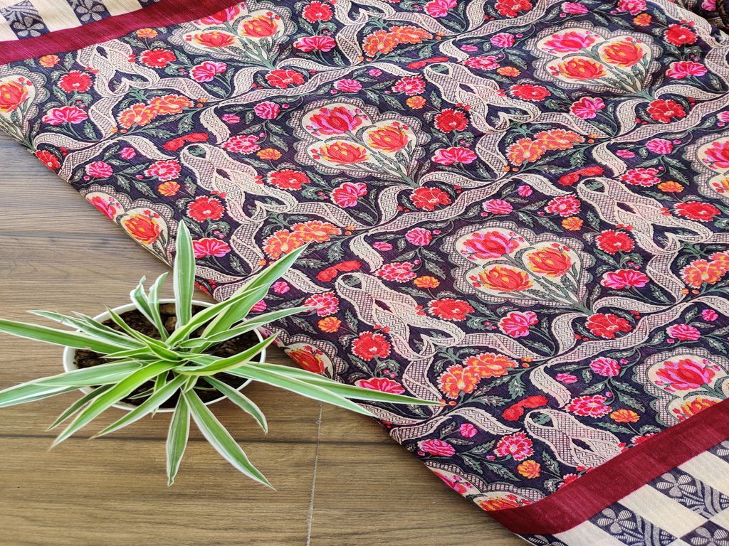 Navy Blue Multicolour Flowers Digital Printed Bhagalpuri Silk Fabric