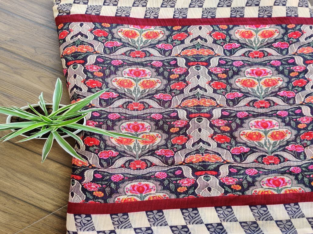 Navy Blue Multicolour Flowers Digital Printed Bhagalpuri Silk Fabric