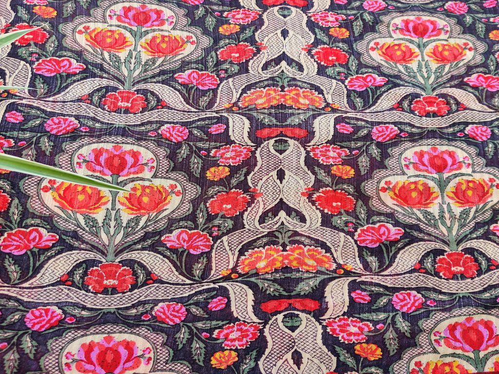 Navy Blue Multicolour Flowers Digital Printed Bhagalpuri Silk Fabric