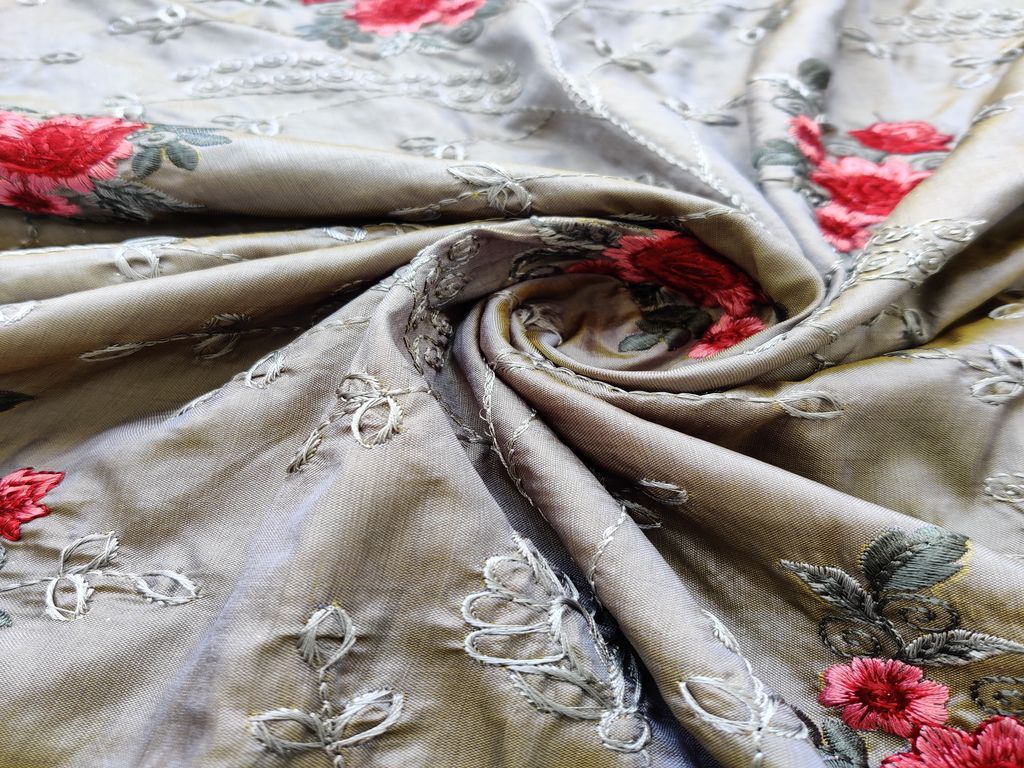 Grey Dual Shade Floral Embroidered Taffeta Silk Fabric