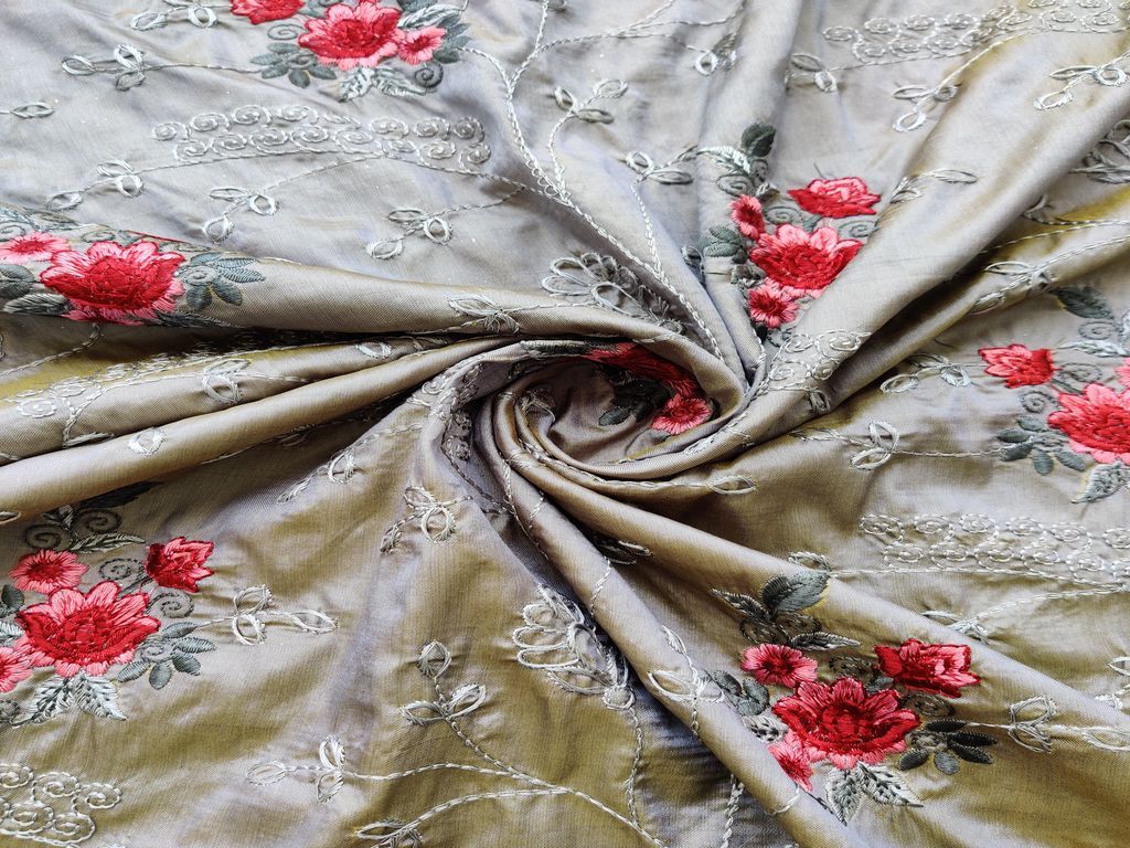 Grey Dual Shade Floral Embroidered Taffeta Silk Fabric