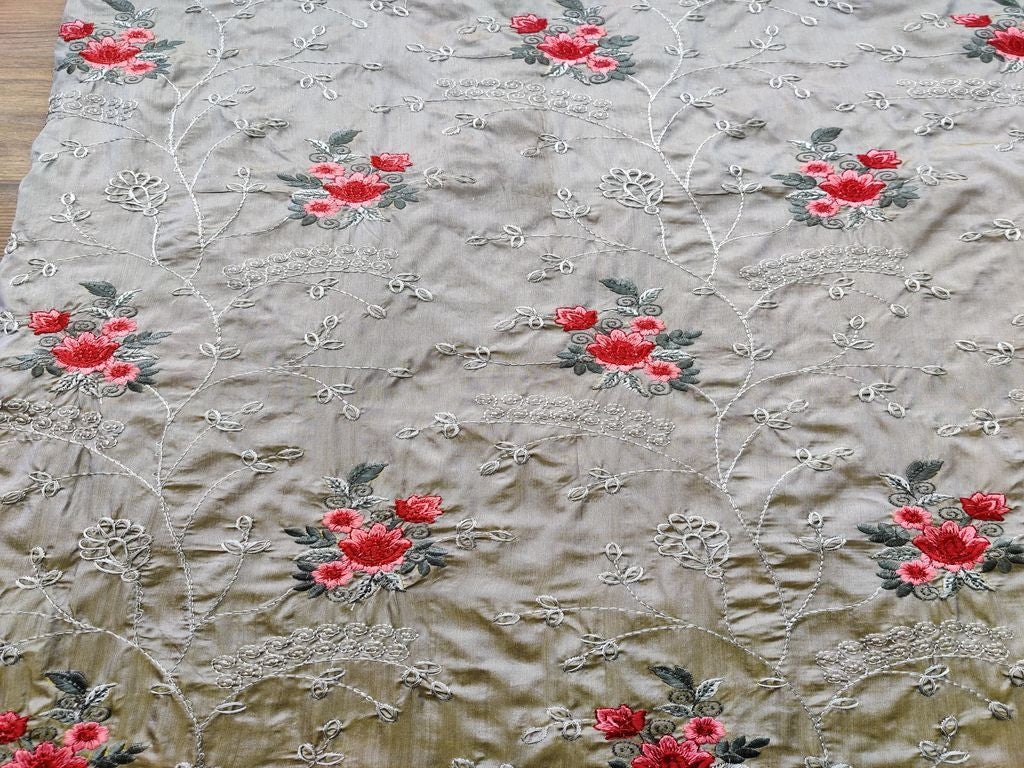 Grey Dual Shade Floral Embroidered Taffeta Silk Fabric
