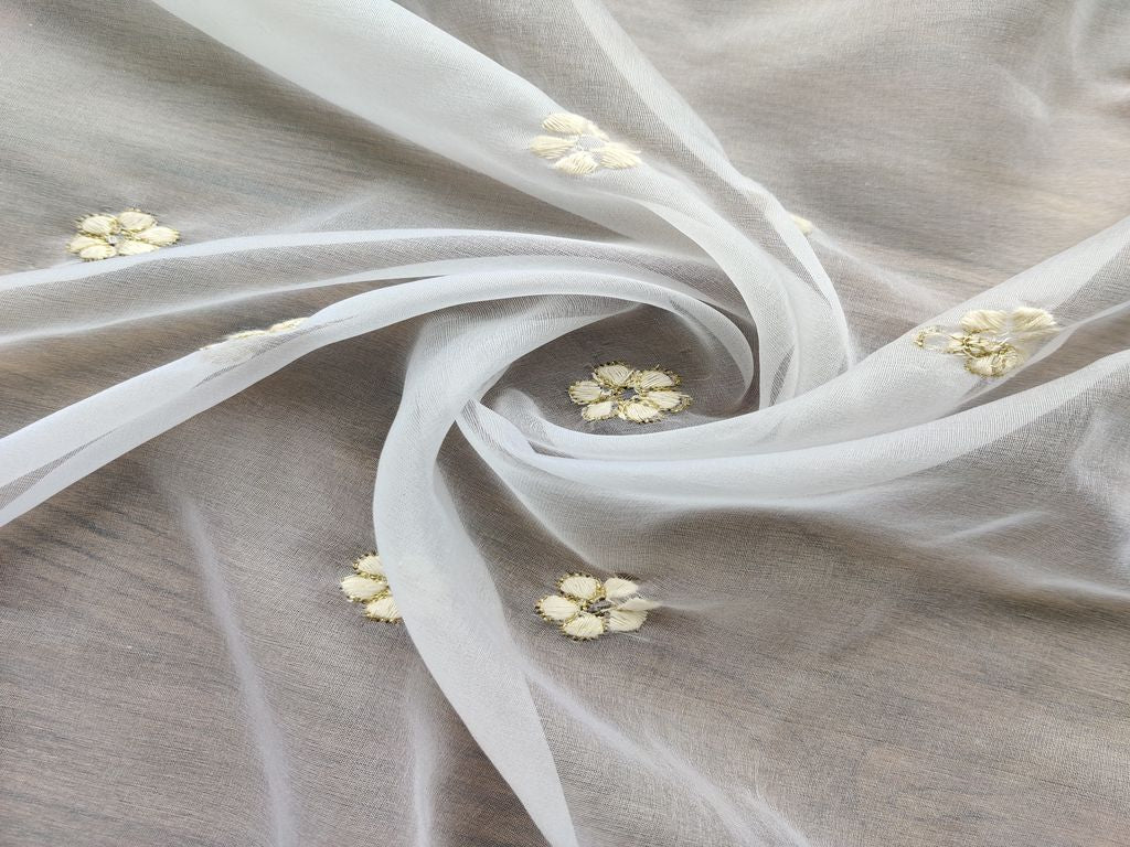 White Flowers Dyeable Embroidered Organza Fabric