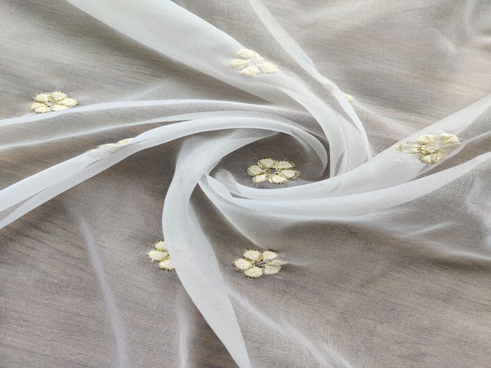 White Flowers Dyeable Embroidered Organza Fabric