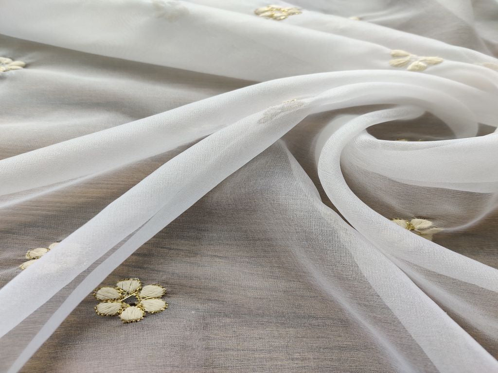 White Flowers Dyeable Embroidered Organza Fabric