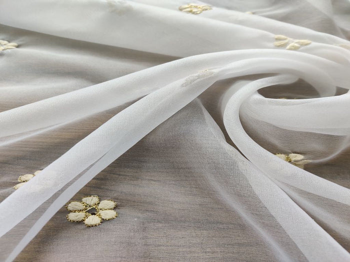 White Flowers Dyeable Embroidered Organza Fabric