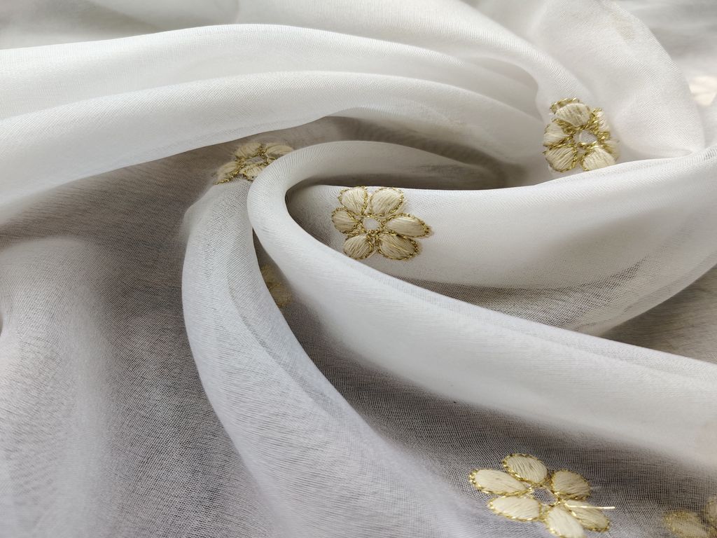 White Flowers Dyeable Embroidered Organza Fabric
