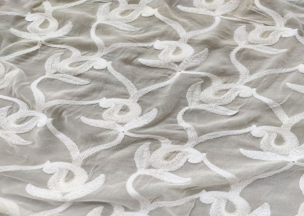 White Floral Kashmiri Work Embroidered Dyeable Georgette Fabric
