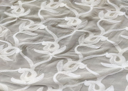 White Floral Kashmiri Work Embroidered Dyeable Georgette Fabric