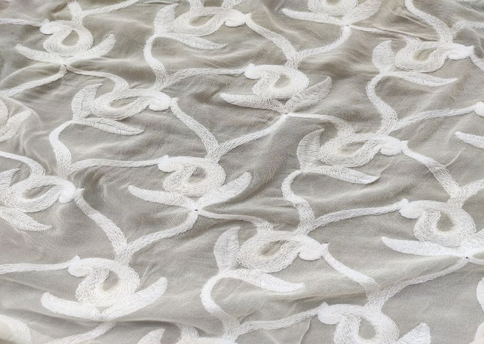 White Floral Kashmiri Work Embroidered Dyeable Georgette Fabric