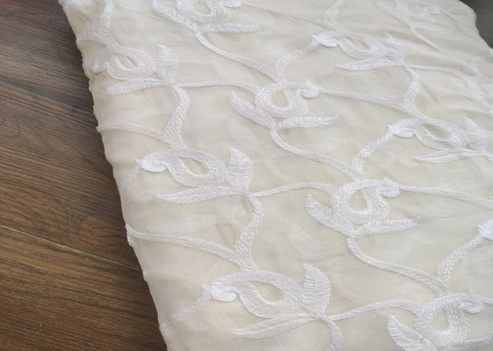 White Floral Kashmiri Work Embroidered Dyeable Georgette Fabric