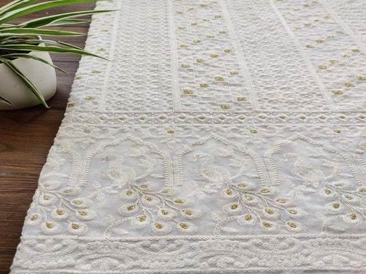 White Floral Lakhnawi Embroidered Dyeable Georgette Fabric