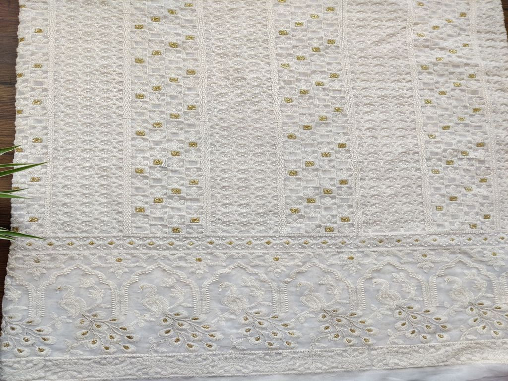 White Floral Lakhnawi Embroidered Dyeable Georgette Fabric