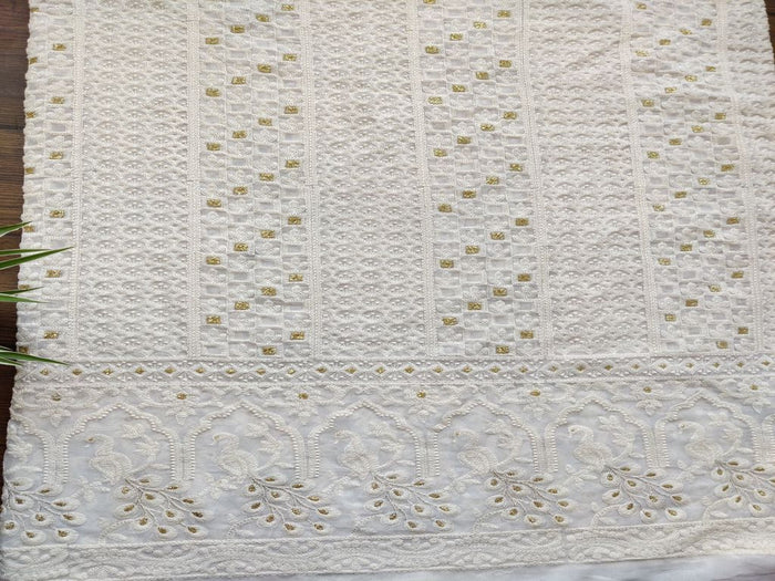 White Floral Lakhnawi Embroidered Dyeable Georgette Fabric
