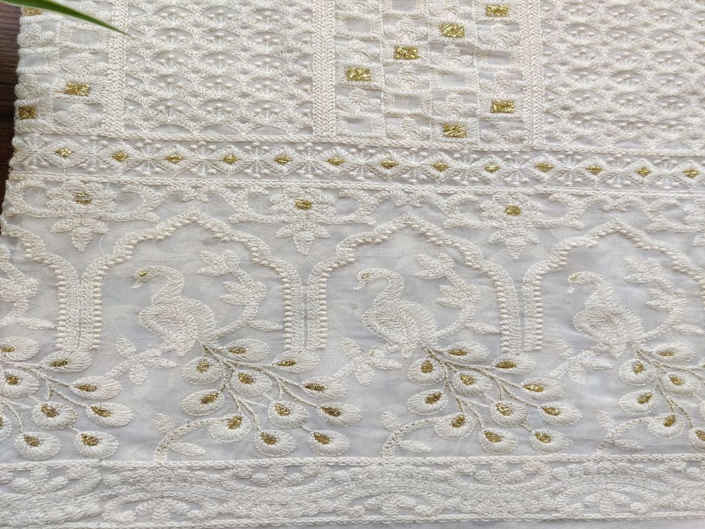 White Floral Lakhnawi Embroidered Dyeable Georgette Fabric