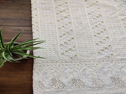 White Floral Lakhnawi Embroidered Dyeable Georgette Fabric