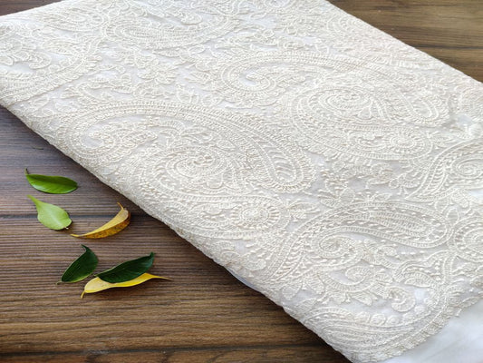 Off White Paisleys Dyeable Lakhnawi Embroidered Georgette Fabric