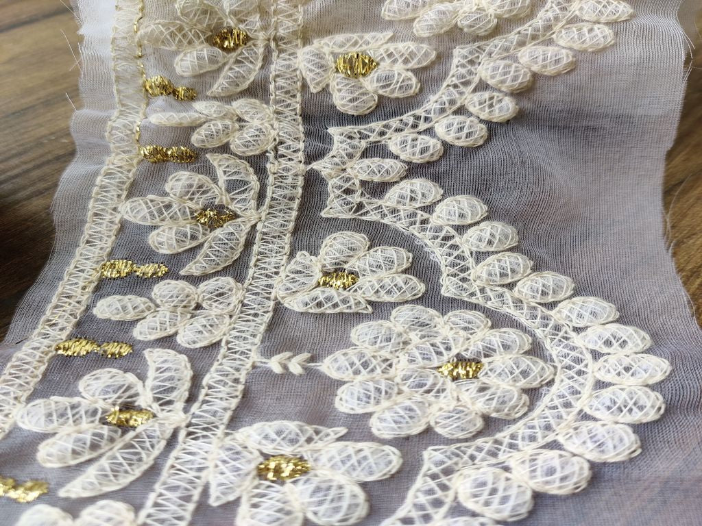 White Designer Lakhnawi Thread and Sequins Work Dyeable Organza Embroidered Border