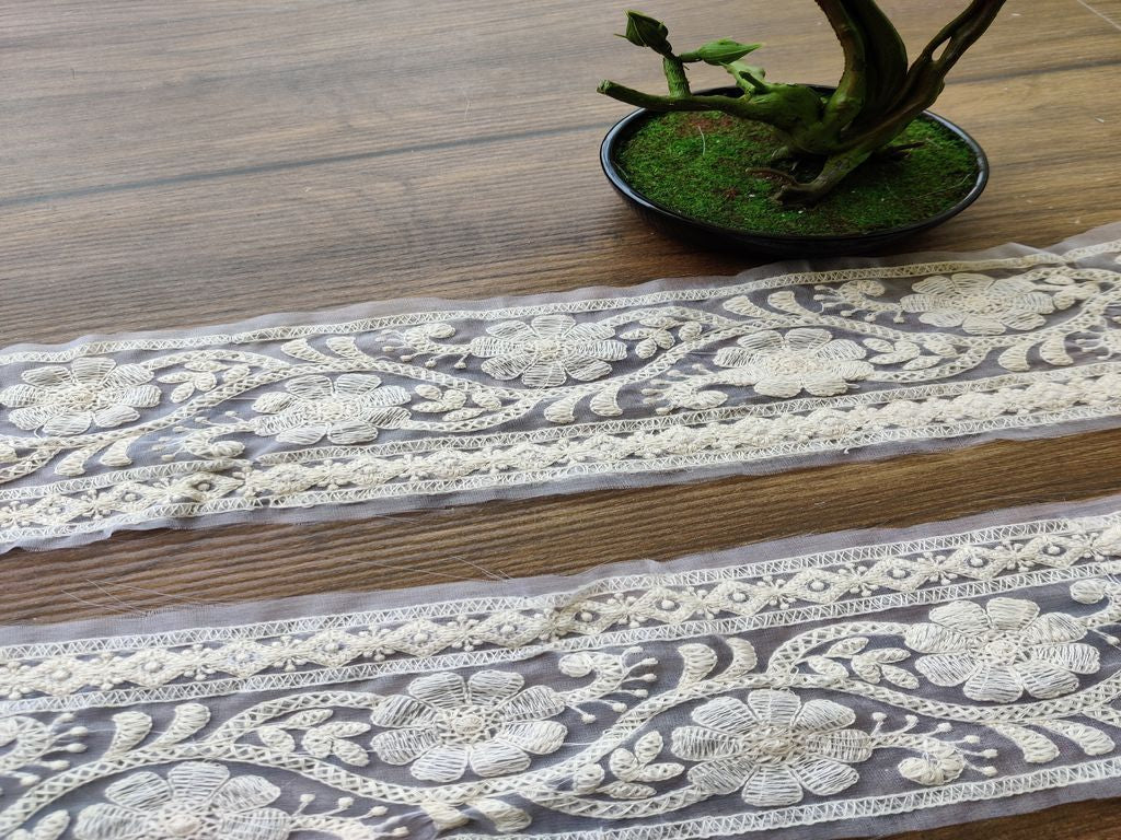 White Designer Lakhnawi Thread Work Dyeable Organza Embroidered Border