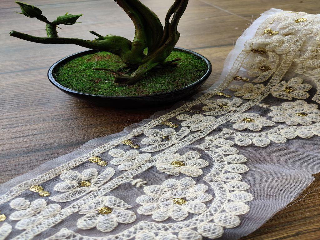 White Designer Lakhnawi Thread and Sequins Work Dyeable Organza Embroidered Border