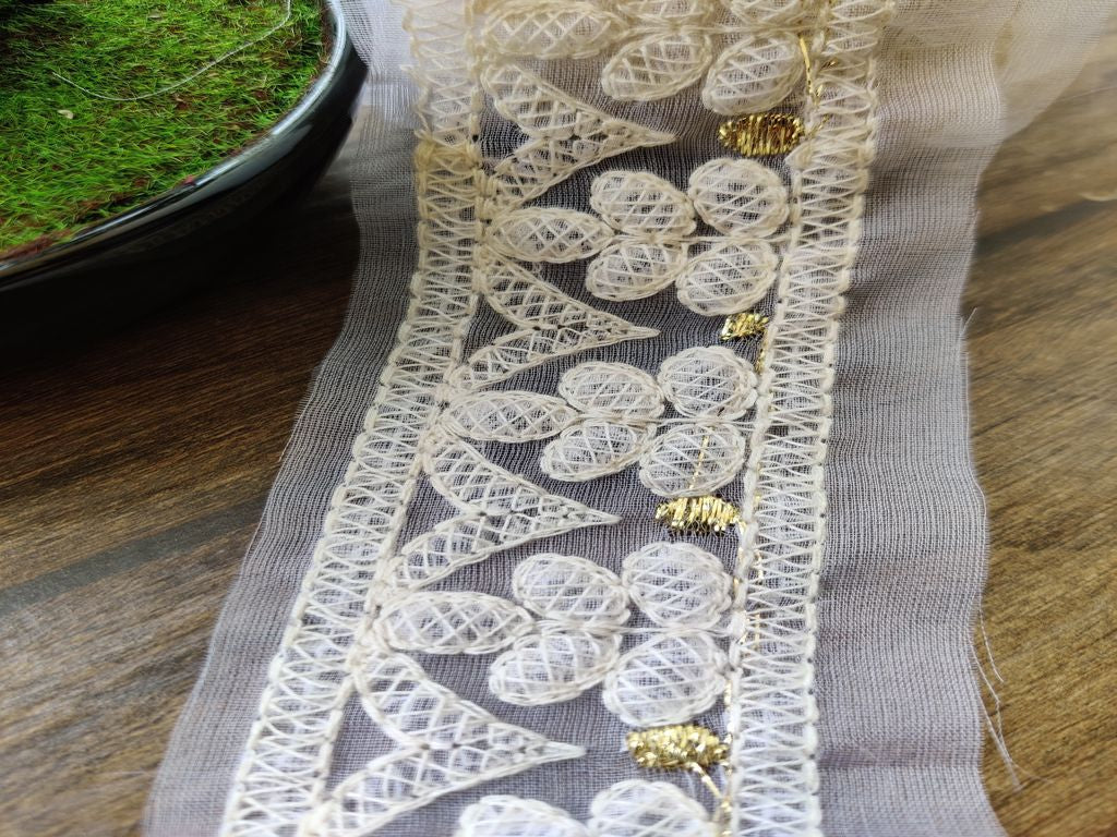 White Fancy Lakhnawi Thread Work Dyeable Organza Embroidered Border