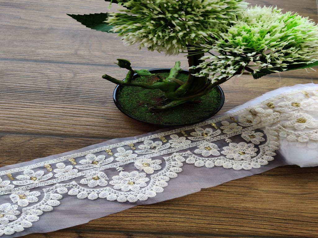 White Designer Lakhnawi Thread and Sequins Work Dyeable Organza Embroidered Border