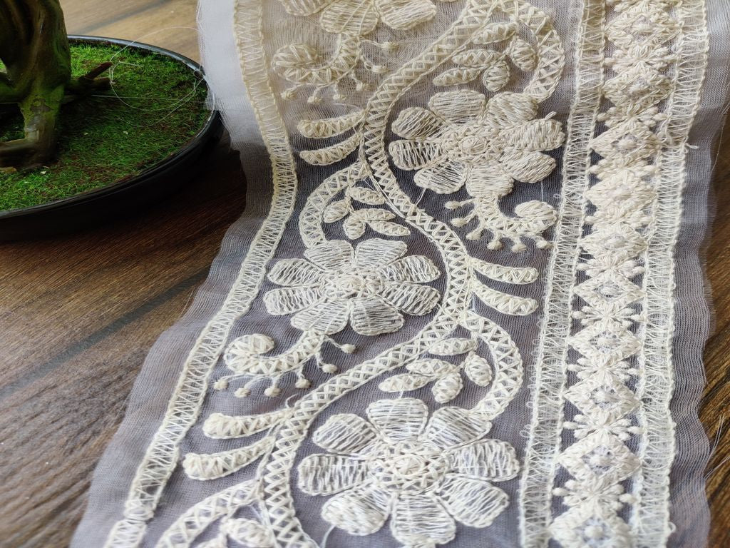 White Designer Lakhnawi Thread Work Dyeable Organza Embroidered Border