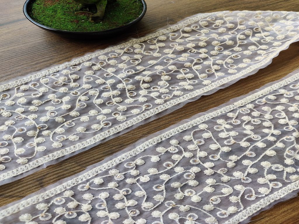 White Rose Gold Designer Lakhnawi Thread and Sequins Work Dyeable Organza Embroidered Border