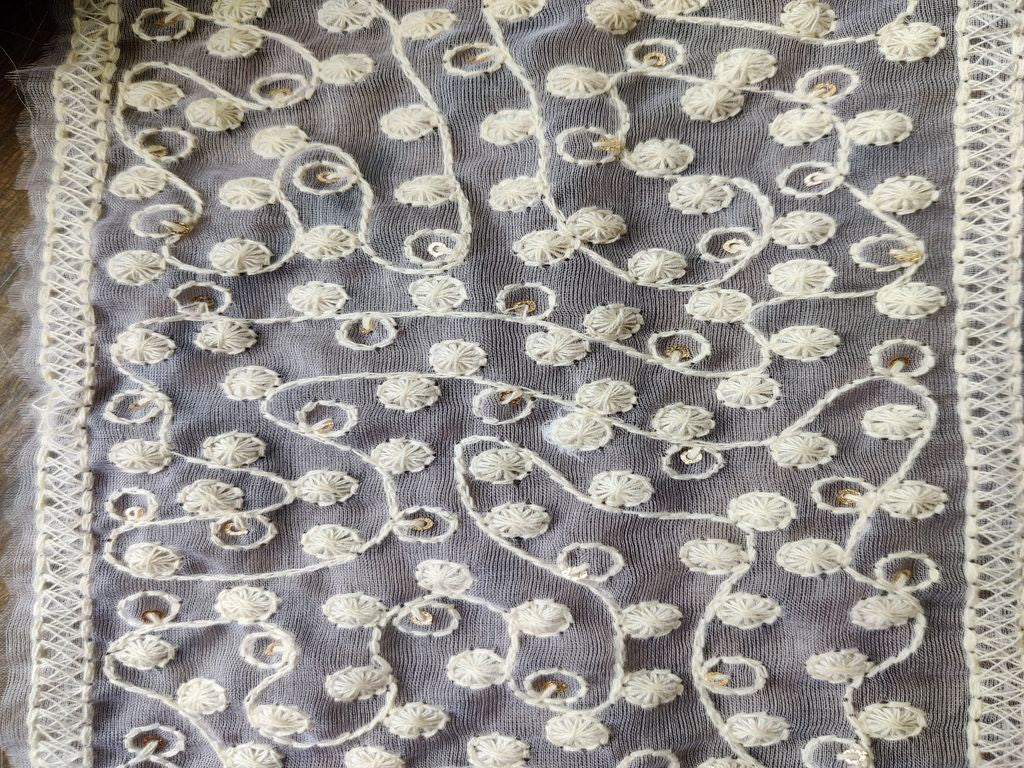 White Rose Gold Designer Lakhnawi Thread and Sequins Work Dyeable Organza Embroidered Border