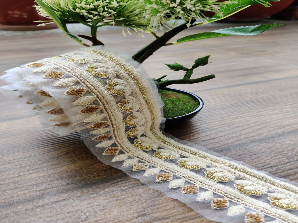 White Golden Designer Lakhnawi Thread and Sequins Work Dyeable Organza Embroidered Border