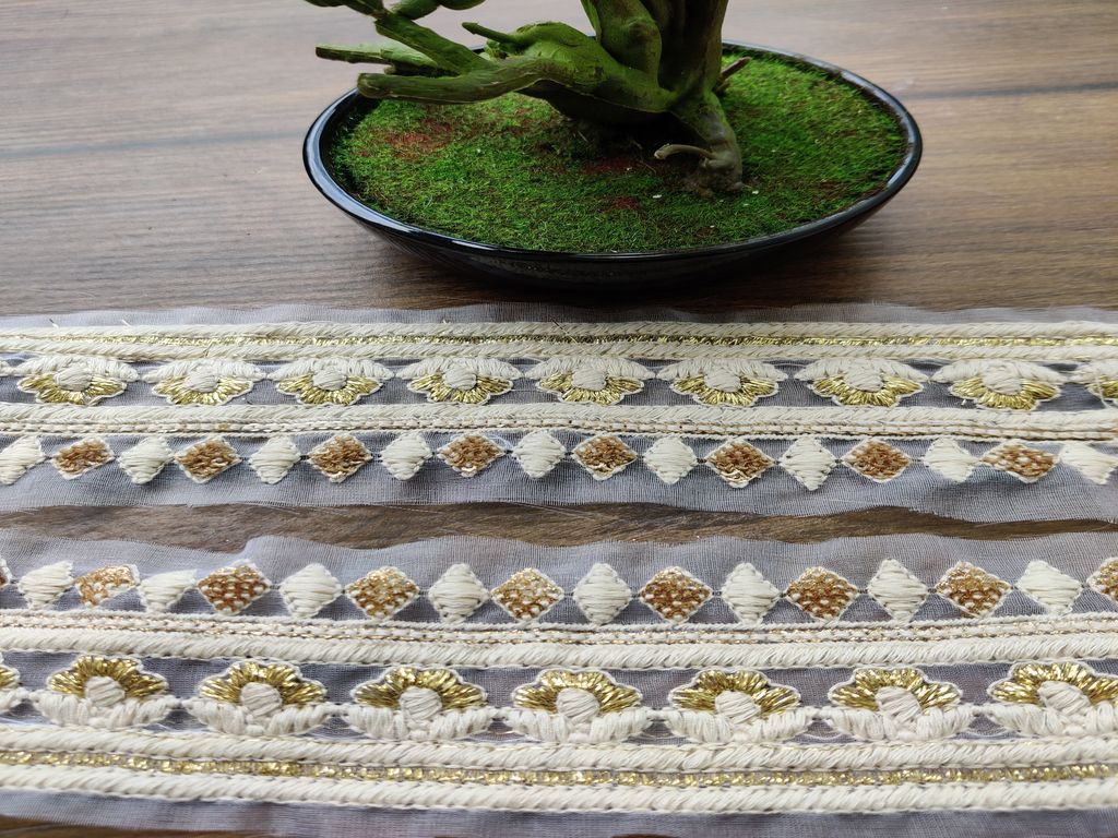 White Golden Designer Lakhnawi Thread and Sequins Work Dyeable Organza Embroidered Border