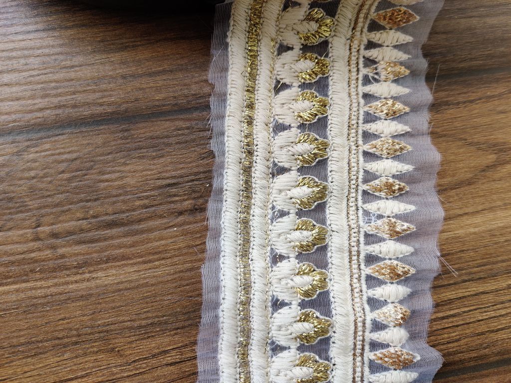 White Golden Designer Lakhnawi Thread and Sequins Work Dyeable Organza Embroidered Border