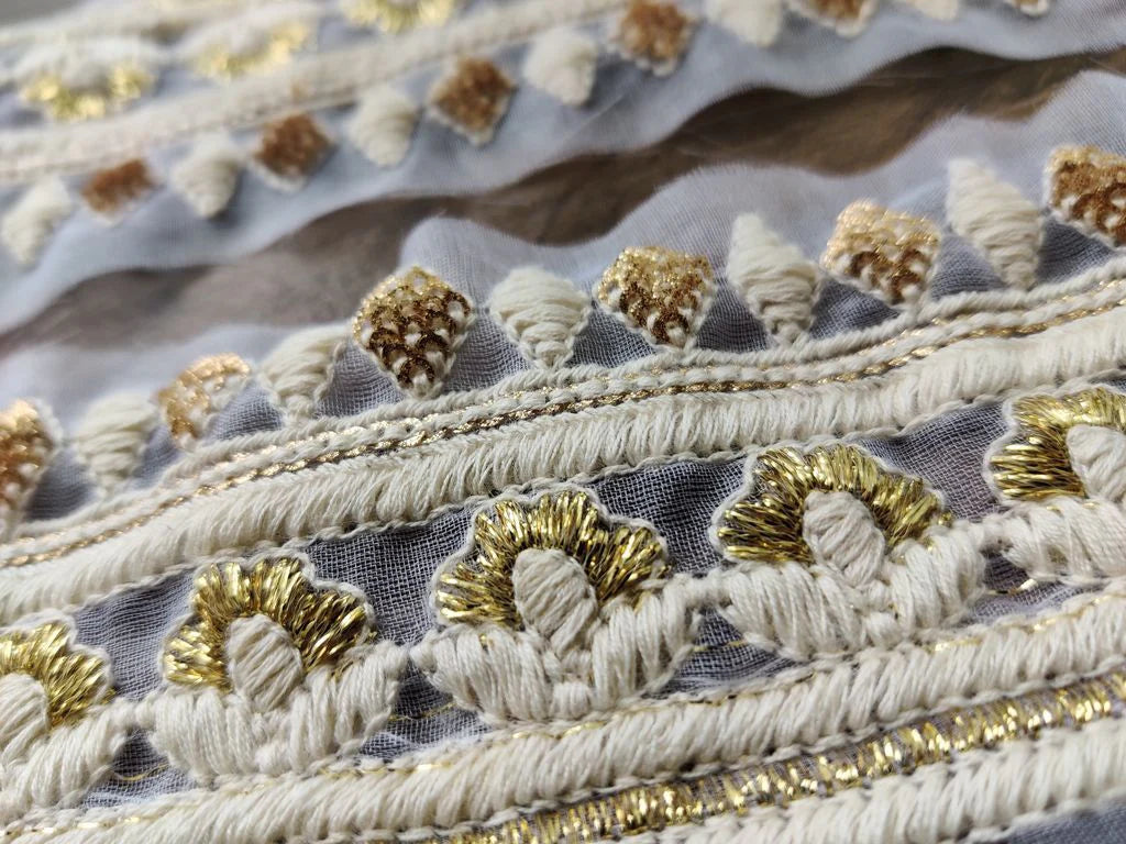 White Golden Designer Lakhnawi Thread and Sequins Work Dyeable Organza Embroidered Border