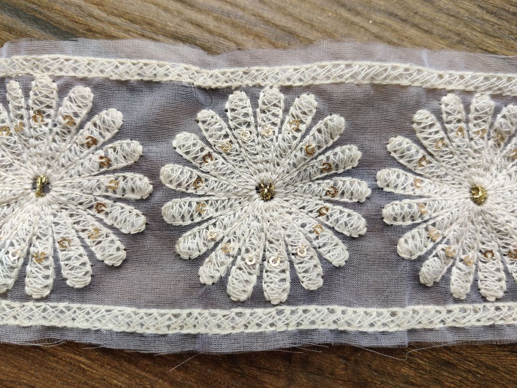 White Floral Lakhnawi Thread and Sequins Work Dyeable Organza Embroidered Border