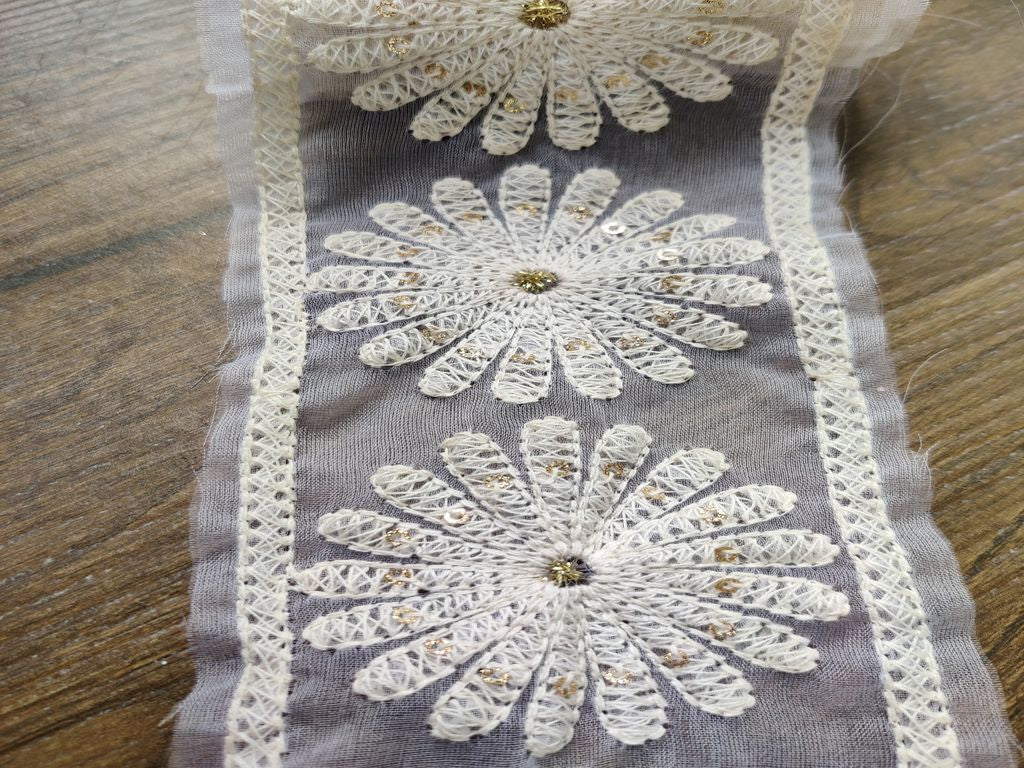White Floral Lakhnawi Thread and Sequins Work Dyeable Organza Embroidered Border