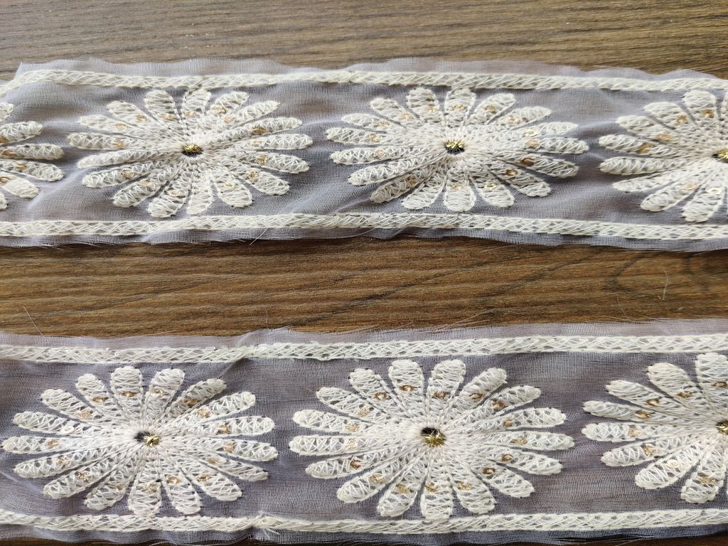 White Floral Lakhnawi Thread and Sequins Work Dyeable Organza Embroidered Border